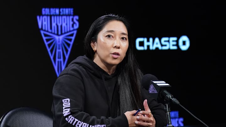 Golden State Valkyries head coach Natalie Nakase addresses the media before the game against the Chicago Sky at Chase Center.