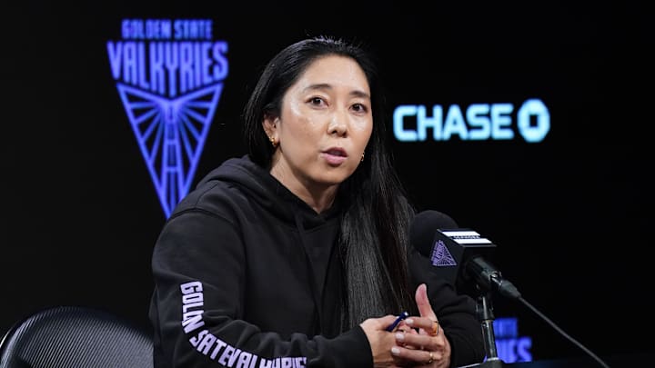 Golden State Valkyries head coach Natalie Nakase addresses the media before the game against the Chicago Sky at Chase Center.