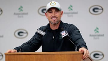 Green Bay Packers head coach Matt LaFleur talks about defensive coordinator Jeff Hafley during a press conference Thursday, February 22, 2024, at Lambeau Field in Green Bay, Wis.