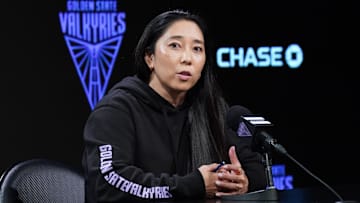 Golden State Valkyries head coach Natalie Nakase addresses the media before the game against the Chicago Sky at Chase Center. 
