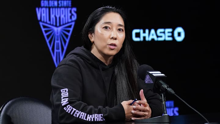 Golden State Valkyries head coach Natalie Nakase addresses the media before the game against the Chicago Sky at Chase Center. 
