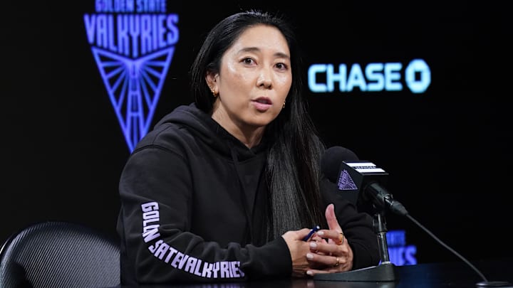 Golden State Valkyries head coach Natalie Nakase addresses the media before the game against the Chicago Sky at Chase Center.