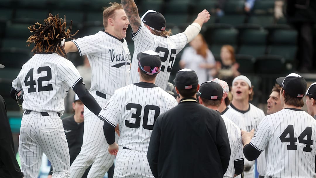 Vanderbilt baseball players celebrate a home run by Vanderbilt's Korbin Reynolds (18) during their game against Marist at Vanderbilt’s Hawkins Field Friday, Feb. 20, 2026.