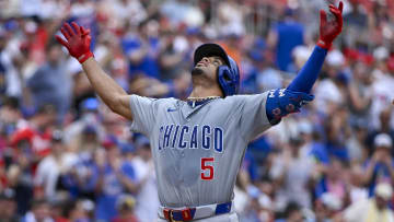 Jul 14, 2024; St. Louis, Missouri, USA;  Chicago Cubs designated hitter Christopher Morel (5) reacts as he runs the bases after hitting a solo home run against the St. Louis Cardinals during the eighth inning at Busch Stadium.