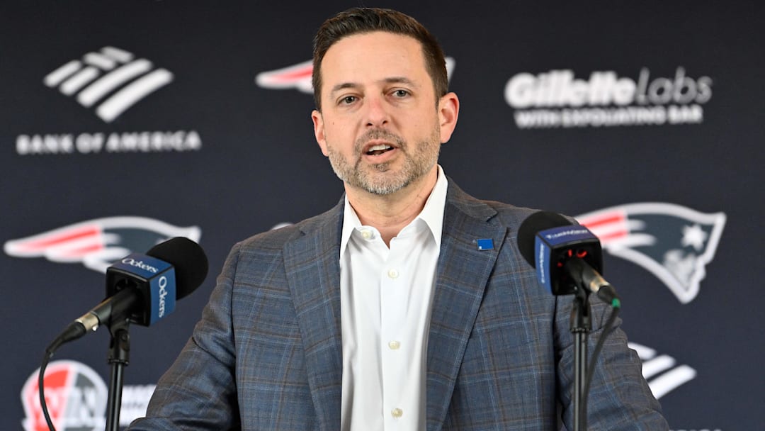 Mar 13, 2025; Foxborough, MA, USA; New England Patriots executive vice president of player personnel Eliot Wolf discusses the teamís recent free agent additions with the media at Gillette Stadium. Mar 13, 2025; Foxborough, MA, USA; New England Patriots executive vice president of player personnel Eliot Wolf discusses the teamís recent free agent additions with the media at Gillette Stadium.
