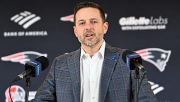 Mar 13, 2025; Foxborough, MA, USA; New England Patriots executive vice president of player personnel Eliot Wolf discusses the teamís recent free agent additions with the media at Gillette Stadium.