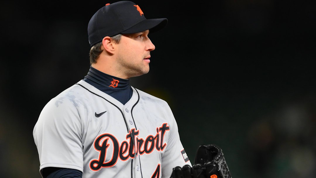Detroit Tigers relief pitcher Tommy Kahnle (43) reacts to the final out of the ninth inning against the Seattle Mariners at T-Mobile Park.