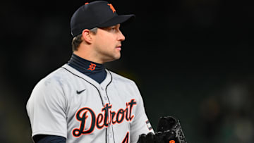 Detroit Tigers relief pitcher Tommy Kahnle (43) reacts to the final out of the ninth inning against the Seattle Mariners at T-Mobile Park.