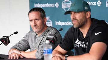 Jul 23, 2025; Philadelphia, PA, USA; Philadelphia Eagles general manager Howie Roseman addresses media during training camp at NovaCare Complex. Mandatory Credit: Kyle Ross-Imagn Images