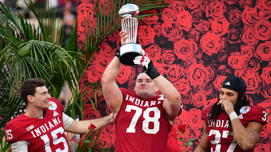 Hoosiers lineman Pat Coogan celebrates after being named the offensive MVP of the Rose Bowl.