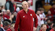 Dec 9, 2025; Bloomington, Indiana, USA; Indiana Hoosiers head coach Darian Devries looks on during the second half against the Penn State Nittany Lions at Simon Skjodt Assembly Hall. Mandatory Credit: Robert Goddin-Imagn Images