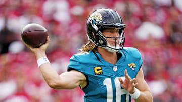 Sep 28, 2025; Santa Clara, California, USA; Jacksonville Jaguars quarterback Trevor Lawrence (16) makes a pass during the second half against the San Francisco 49ers at Levi's Stadium.