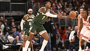 Oct 12, 2025; Chicago, Illinois, USA;  Milwaukee Bucks guard/forward Kevin Porter Jr. (7) passes the ball against the Chicago Bulls during the first half at the United Center. Mandatory Credit: Matt Marton-Imagn Images