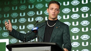 Jul 22, 2025; Charlotte, NC, USA; Miami quarterback Carson Beck answers questions from the media during ACC Media Days at Hilton Charlotte Uptown. Mandatory Credit: Jim Dedmon-Imagn Images