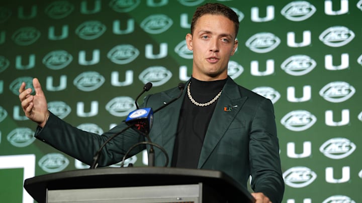 Jul 22, 2025; Charlotte, NC, USA; Miami quarterback Carson Beck answers questions from the media during ACC Media Days at Hilton Charlotte Uptown. Mandatory Credit: Jim Dedmon-Imagn Images