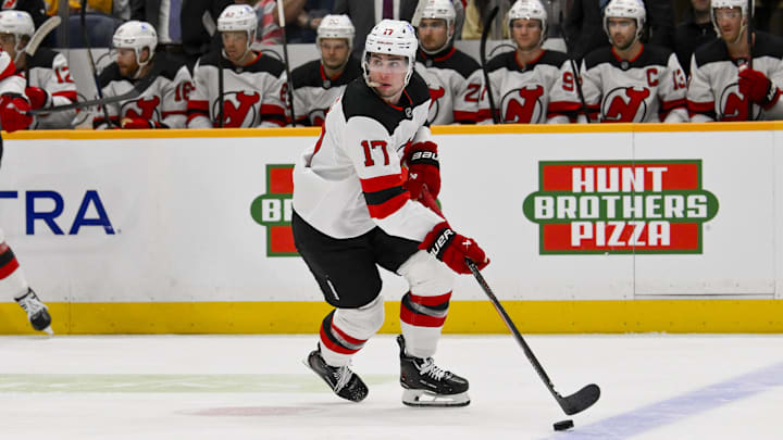 New Jersey Devils defenseman Simon Nemec (17): Steve Roberts-Imagn Images