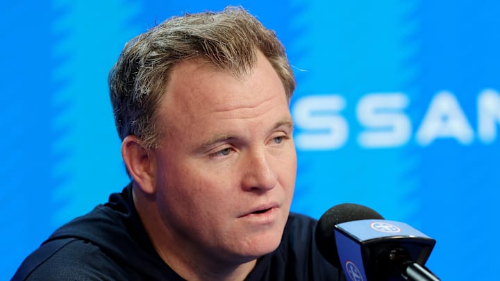 Titans general manager Mike Borgonzi speaks to members of the media during a pre NFL draft press conference held at the Titans practice facility Thursday, April 16, 2026.