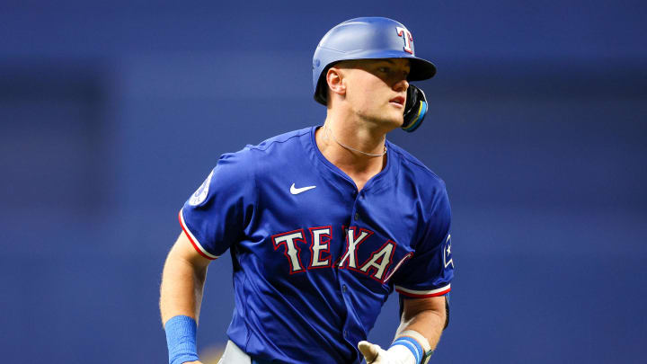 Apr 1, 2024; St. Petersburg, Florida, USA;  Texas Rangers third baseman Josh Jung (6) runs the bases after hitting a three run home run against the Tampa Bay Rays in the first inning at Tropicana Field. Mandatory Credit: Nathan Ray Seebeck-USA TODAY Sports