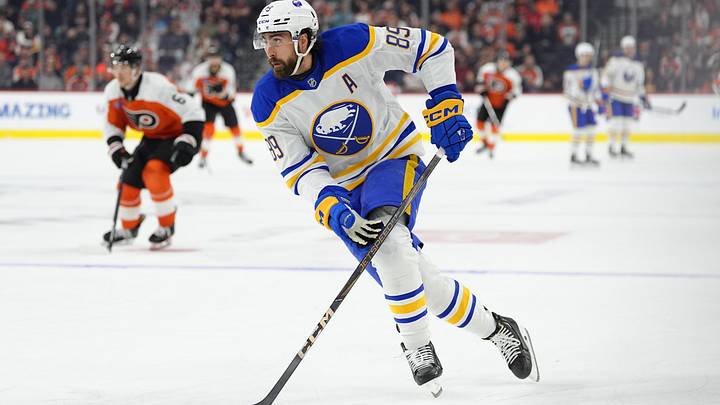 Mar 29, 2025; Philadelphia, Pennsylvania, USA; Buffalo Sabres right wing Alex Tuch (89) controls the puck against the Philadelphia Flyers in the first period at Wells Fargo Center. Mandatory Credit: Kyle Ross-Imagn Images
