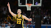 Apr 7, 2024; Cleveland, OH, USA; Iowa Hawkeyes guard Caitlin Clark (22) reacts against the South