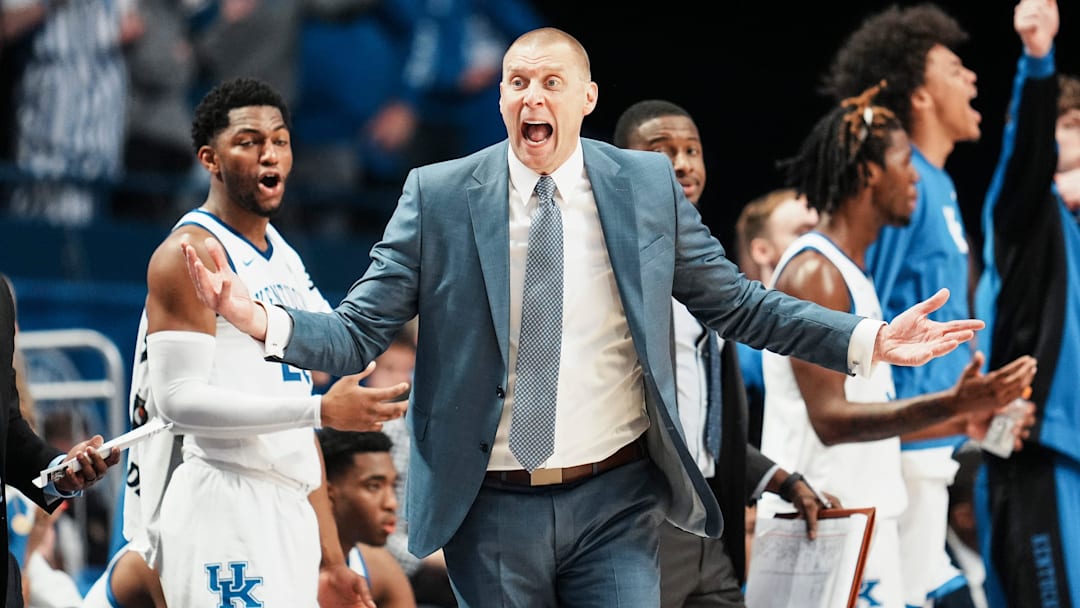 Kentucky Wildcats head coach Mark Pope questions a call of blocking on the Cats while they take on Nicholls in the first half at Rupp Arena in Lexington, Kentucky Nov. 4, 2025. Kentucky Wildcats head coach Mark Pope questions a call of blocking on the Cats while they take on Nicholls in the first half at Rupp Arena in Lexington, Kentucky Nov. 4, 2025.
