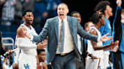 Kentucky Wildcats head coach Mark Pope questions a call of blocking on the Cats while they take on Nicholls in the first half at Rupp Arena in Lexington, Kentucky Nov. 4, 2025.