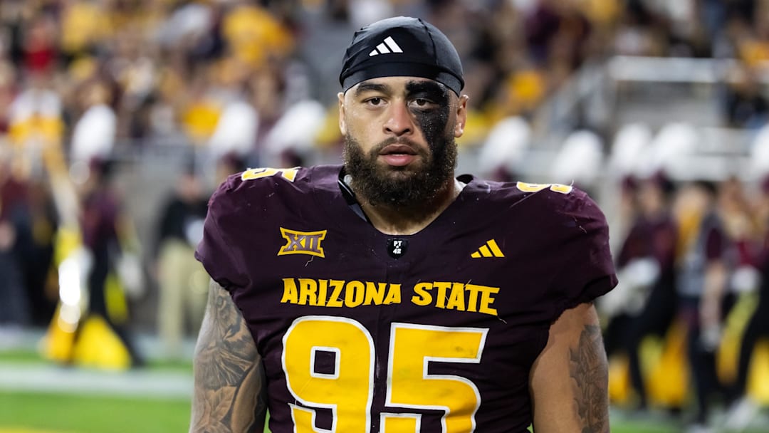 Nov 28, 2025; Tempe, Arizona, USA; Arizona State Sun Devils defensive lineman Justin Wodtly (95) against the Arizona Wildcats during the 99th Territorial Cup at Mountain America Stadium. Mandatory Credit: Mark J. Rebilas-Imagn Images