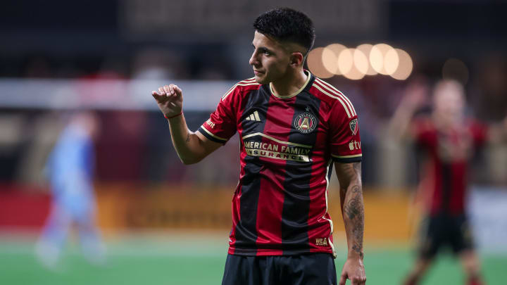 Jun 29, 2024; Atlanta, Georgia, USA; Atlanta United midfielder Thiago Almada (10) in action against Toronto FC in the second half at Mercedes-Benz Stadium. Mandatory Credit: Brett Davis-USA TODAY Sports