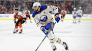 Mar 29, 2025; Philadelphia, Pennsylvania, USA; Buffalo Sabres right wing Alex Tuch (89) controls the puck against the Philadelphia Flyers in the first period at Wells Fargo Center. Mandatory Credit: Kyle Ross-Imagn Images