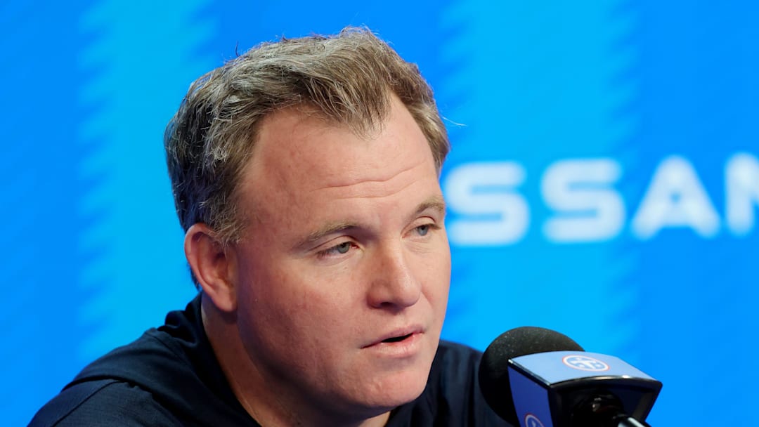 Titans general manager Mike Borgonzi speaks to members of the media during a pre NFL draft press conference held at the Titans practice facility Thursday, April 16, 2026.