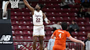 Mar 5, 2025; Chestnut Hill, Massachusetts, USA; Boston College Eagles forward Jayden Hastings (22)  dunks the ball against the Clemson Tigers during the first half at Conte Forum. Mandatory Credit: Eric Canha-Imagn Images