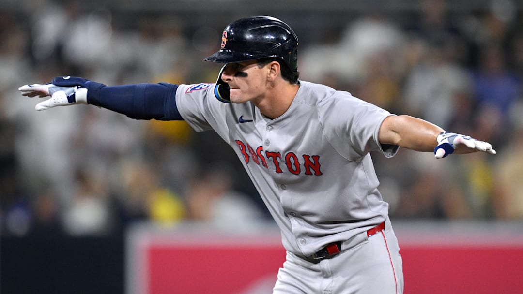 Boston Red Sox outfielder Roman Anthony celebrates an extra-base hit against the San Diego Padres.