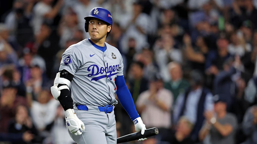 Oct 30, 2024; New York, New York, USA; Los Angeles Dodgers two-way player Shohei Ohtani (17) reacts after striking out during the fifth inning against the New York Yankees in game four of the 2024 MLB World Series at Yankee Stadium. Mandatory Credit: Brad Penner-Imagn Images