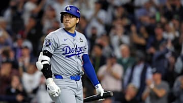 Oct 30, 2024; New York, New York, USA; Los Angeles Dodgers two-way player Shohei Ohtani (17) reacts after striking out during the fifth inning against the New York Yankees in game four of the 2024 MLB World Series at Yankee Stadium. Mandatory Credit: Brad Penner-Imagn Images