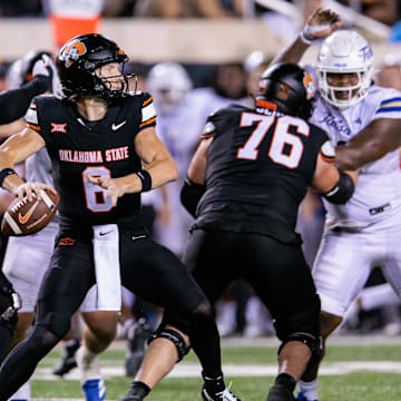 Sep 19, 2025; Stillwater, Oklahoma, USA; Oklahoma State Cowboys quarterback Zane Flores (6) behind the line during the second half against the Tulsa Golden Hurricane at Boone Pickens Stadium. Mandatory Credit: William Purnell-Imagn Images