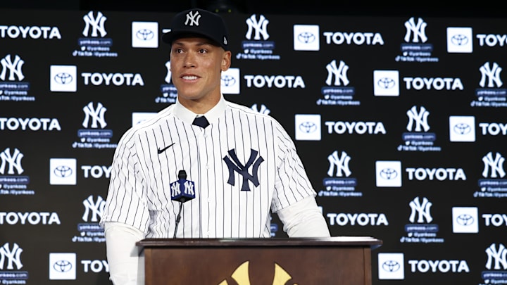 Dec 21, 2022; Bronx, New York, USA; Aaron Judge speaks during a press conference after being named captain at Yankee Stadium. Mandatory Credit: Jessica Alcheh-Imagn Images Dec 21, 2022; Bronx, New York, USA; Aaron Judge speaks during a press conference after being named captain at Yankee Stadium. Mandatory Credit: Jessica Alcheh-Imagn Images