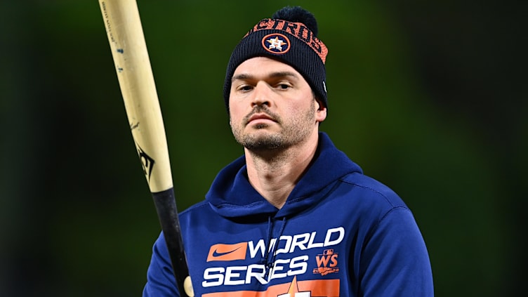 Nov 3, 2022; Philadelphia, Pennsylvania, USA; Houston Astros outfielder Trey Mancini (26) warms up