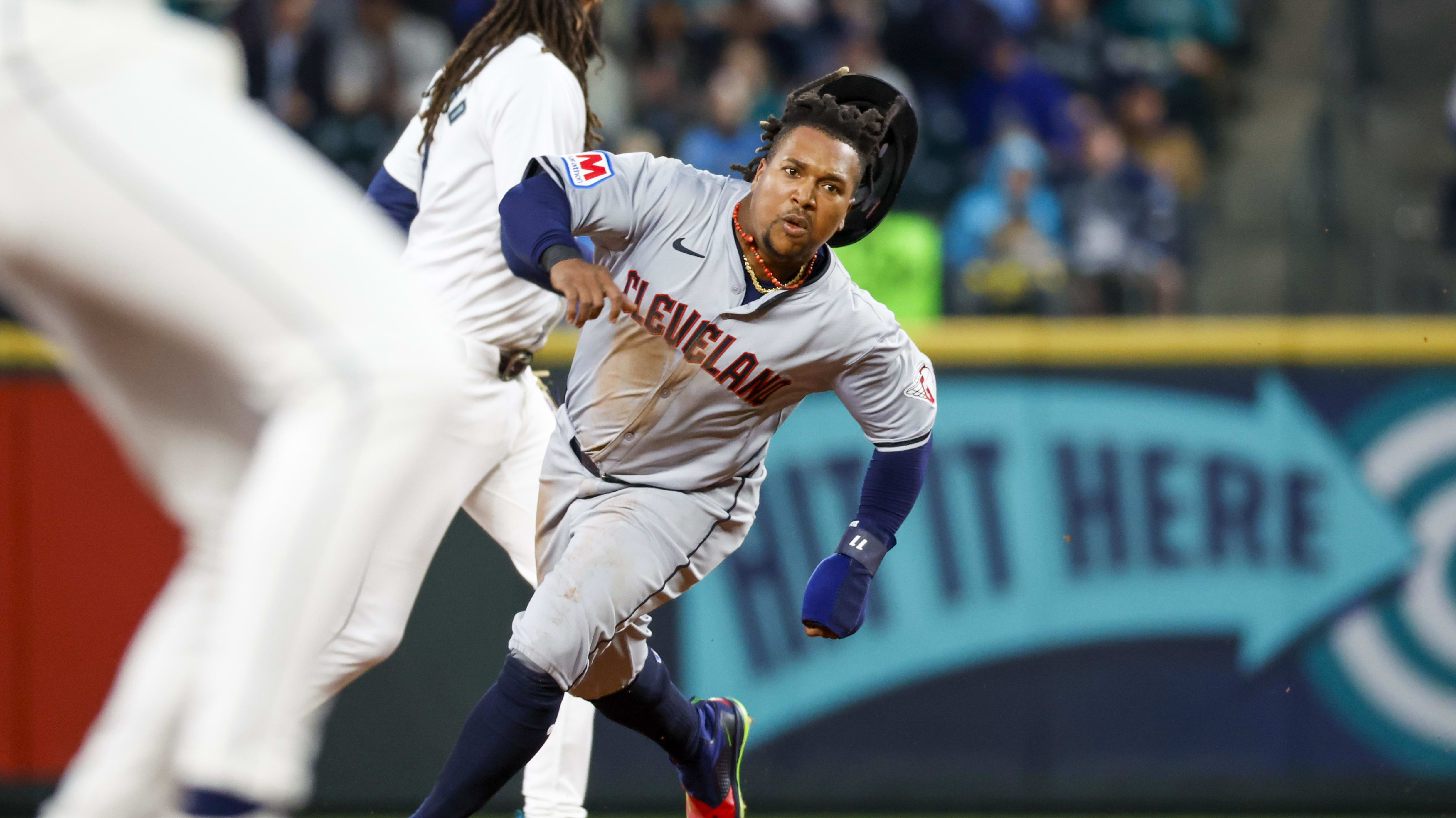 Apr 2, 2024; Seattle, Washington, USA; Cleveland Guardians third baseman Jose Ramirez (11) round second base.