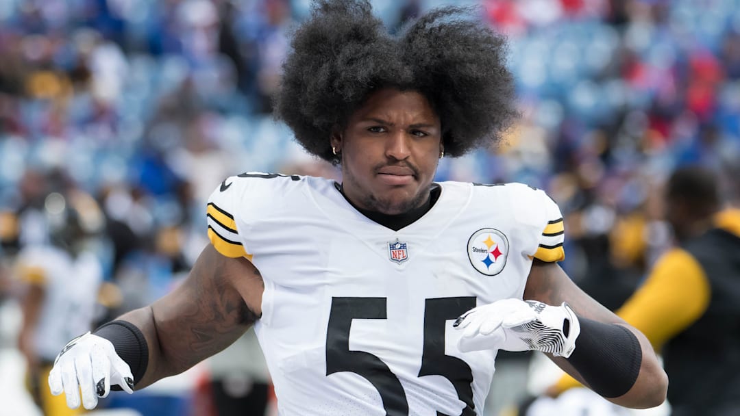 Oct 9, 2022; Orchard Park, New York, USA; Pittsburgh Steelers linebacker Devin Bush (55) warms up before a game against the Buffalo Bills at Highmark Stadium. Mandatory Credit: Mark Konezny-Imagn Images