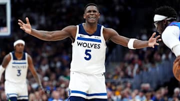 May 4, 2024; Denver, Colorado, USA; Minnesota Timberwolves guard Anthony Edwards (5) reacts