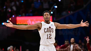 Oct 26, 2025; Cleveland, Ohio, USA; Cleveland Cavaliers guard De'Andre Hunter (12) celebrates after hitting a three point basket against the Milwaukee Bucks during the second half at Rocket Arena. Mandatory Credit: Ken Blaze-Imagn Images