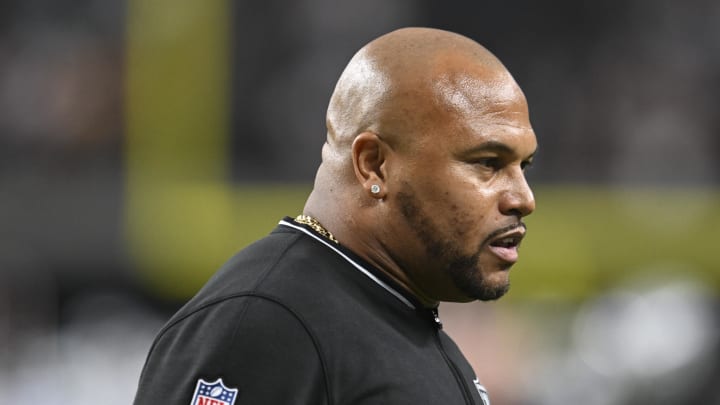 Aug 17, 2024; Paradise, Nevada, USA; Las Vegas Raiders head coach Antonio Pierce looks on during warmup against the Dallas Cowboys at Allegiant Stadium. Mandatory Credit: Candice Ward-USA TODAY Sports