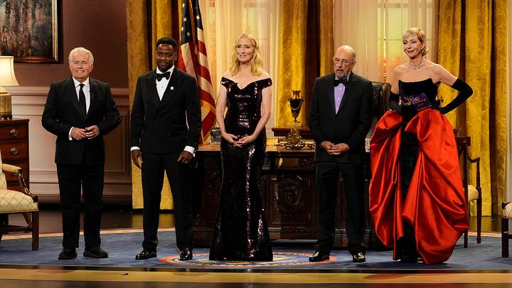 From left, Martin Sheen, Dulé Hill, Janel Moloney, Richard Schiff and Allison Janney present the award for outstanding drama series at the 76th Emmy Awards at the Peacock Theater on Sunday, Sept. 15, 2024 in Los Angeles.