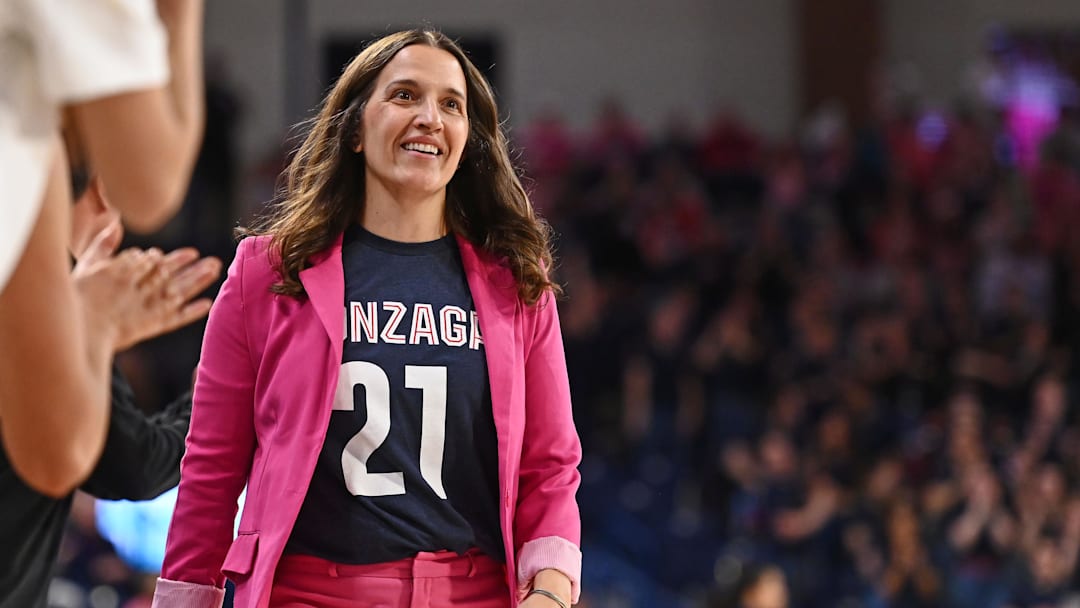 Feb 11, 2023; Spokane, Washington, USA; Gonzaga Bulldogs head coach Lisa Fortier looks on against the Portland Pilots in the second half at McCarthey Athletic Center. Gonzaga won 63-53. Mandatory Credit: James Snook-Imagn Images
