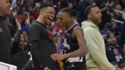 Mar 23, 2023; Los Angeles, California, USA; Los Angeles Clippers guard Bones Hyland (5) is congratulated by guard Russell Westbrook (0) after a 3 point basket in the second half against the Oklahoma City Thunder at Crypto.com Arena. 