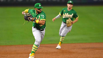 Sep 29, 2022; Anaheim, California, USA;  Oakland Athletics second baseman Vimael Machin (31) makes a play for an out in the second inning against the Los Angeles Angels at Angel Stadium. Mandatory Credit: Jayne Kamin-Oncea-Imagn Images