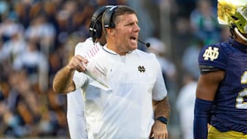 Oct 11, 2025; South Bend, Indiana, USA; Notre Dame defensive coordinator Chris Ash during the second half.