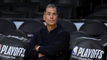 Apr 28, 2023; Los Angeles, California, USA; Los Angeles Lakers vice president of basketball operations and general manager Rob Pelinka looks on prior to game six of the 2023 NBA playoffs against the Memphis Grizzlies at Crypto.com Arena. Mandatory Credit: Jayne Kamin-Oncea-USA TODAY Sports