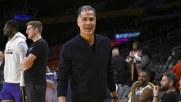 Apr 28, 2023; Los Angeles, California, USA; Los Angeles Lakers vice president of basketball operations and general manager Rob Pelinka looks on prior to game six of the 2023 NBA playoffs against the Memphis Grizzlies at Crypto.com Arena.