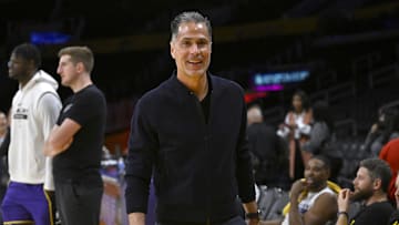 Apr 28, 2023; Los Angeles, California, USA; Los Angeles Lakers vice president of basketball operations and general manager Rob Pelinka looks on prior to game six of the 2023 NBA playoffs against the Memphis Grizzlies at Crypto.com Arena. Mandatory Credit: Jayne Kamin-Oncea-Imagn Images